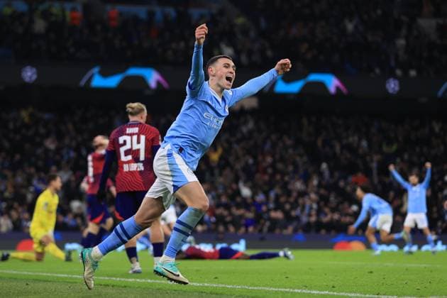 Manchester City v RB Leipzig 28 November 2023 - UEFA Champions League - Group G - Manchester City v RB Leipzig - Phil Foden of Manchester City celebrates the third goal, scored by Alvarez - Photo: Simon Stacpoole Offside. Manchester UK Copyright: xSimonxStacpoolexOffside