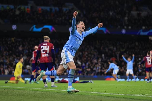 Manchester City v RB Leipzig 28 November 2023 - UEFA Champions League - Group G - Manchester City v RB Leipzig - Phil Foden of Manchester City celebrates the third goal, scored by Alvarez - Photo: Simon Stacpoole Offside. Manchester UK Copyright: xSimonxStacpoolexOffside
