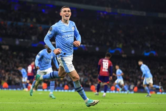 Manchester City v RB Leipzig 28 November 2023 - UEFA Champions League - Group G - Manchester City v RB Leipzig - Phil Foden of Manchester City celebrates victory - Photo: Simon Stacpoole Offside. Manchester UK Copyright: xSimonxStacpoolexOffside