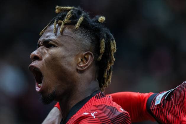 Samuel Chukwueze of AC Milan celebrates after scoring a goal during UEFA Champions League 2023 24 Group Stage - Group F football match between AC Milan and Borussia Dortmund at San Siro Stadium, Milan, Italy on November 28, 2023  Copyright: xFabrizioxCarabelli IPAxSportx xix xx IPA_41918952 IPA_Agency_IPA41918952