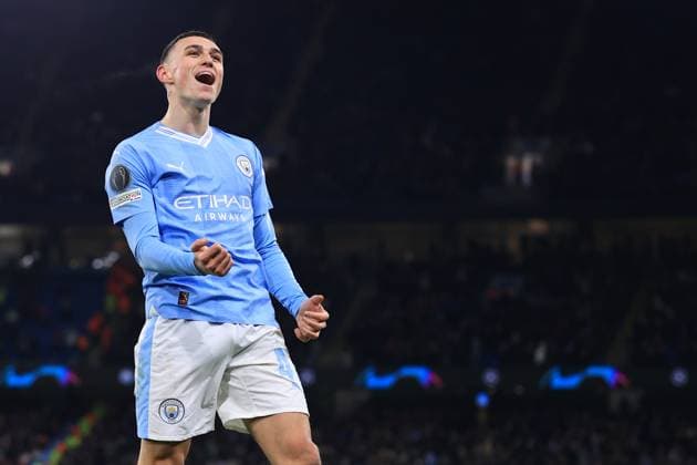 Football - UEFA Champions League - Group G - Manchester City v RB Leipzig 28th November 2023 - UEFA Champions League - Group G - Manchester City v RB Leipzig - Phil Foden of Manchester City celebrates - Photo: Simon Stacpoole Offside. Manchester UK Copyright: xSimonxStacpoolexOffside