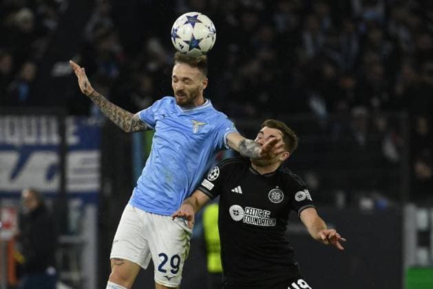 UEFA Champions League football match - SS Lazio vs Celtic FC Manuel Lazzari of S.S. Lazio and James Forrest of Celtic F.C. during the 5th day of the UEFA Champions League Group E between S.S. Lazio - Celtic F.C. on 28 November 2023 at the Olympic Stadium in Rome, Italy. Rome Italy  Copyright: xIPAxSport ABACAx