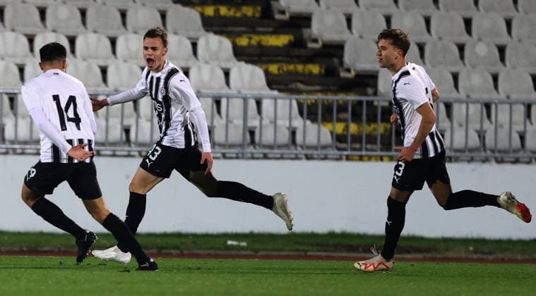 28.11.2023 Belgrade(Serbia) FK Partizan-FC SHeriff Tiraspol Youth League Domestic champions path round two men s football Nemanja Trifunovic(C),Aleksa Celic(R) Partizan celebrate scored goal :D.Sandic