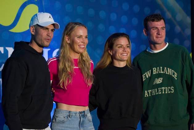 November 29, 2023, Mexico City, Ciudad de Mexico, Mexico: November 28, 2023, Mexico City, Mexico: Maria Sakkari of Greece, Caroline Wozniacki of Denmark, Carlos Alcaraz of Spain, Tommy Paul of USA pose for photos during a press conference, PK, Pressekonferenz prior to the Tennisfest GNP 2023 at Hayat Regency Hotel. on November 28, 2023 in Mexico City, Mexico. Mexico City Mexico - ZUMAe321 20231129_zsa_e321_037 Copyright: xCarlosxTischler xEyepixxGroupx