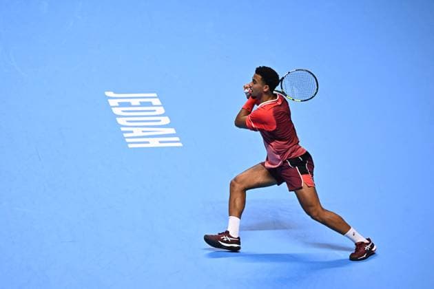 ATP, Tennis Herren NextGen - Jeddah Arthur Fils (FRA) during his first round match at the 2023 ATP NextGen at the King Abdullah Sports City in Jeddah, Saudi Arabia, on November 28, 2023. Photo by Corinne Dubreuil ABACAPRESS.COM Jeddah Saudi Arabia  Copyright: xDubreuilxCorinne ABACAx