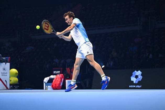 ATP, Tennis Herren NextGen - Jeddah Luca Van Assche (FRA) during his first round match at the 2023 ATP NextGen at the King Abdullah Sports City in Jeddah, Saudi Arabia, on November 28, 2023. Photo by Corinne Dubreuil ABACAPRESS.COM Jeddah Saudi Arabia  Copyright: xDubreuilxCorinne ABACAx