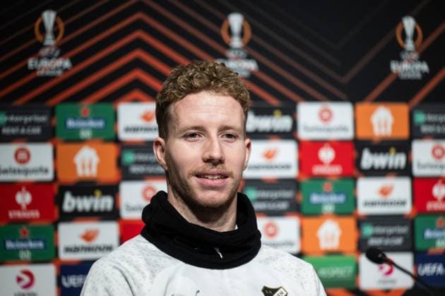 231129 Samuel Gustafson at a press conference, PK, Pressekonferenz with Häcken on November 29, 2023 in Gothenburg. Photo: Mathias Bergeld BILDBYRAN kod MB MB0784 fotboll football soccer fotball uefa europa league presskonferens press conference training häcken bbeng Copyright: MATHIASxBERGELD BB231129MB009