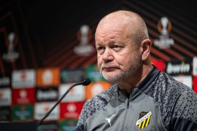 231129 Head coach Per-Mathias Hogmo at a press conference, PK, Pressekonferenz with Häcken on November 29, 2023 in Gothenburg. Photo: Mathias Bergeld BILDBYRAN kod MB MB0784 fotboll football soccer fotball uefa europa league presskonferens press conference training häcken bbeng Copyright: MATHIASxBERGELD BB231129MB012