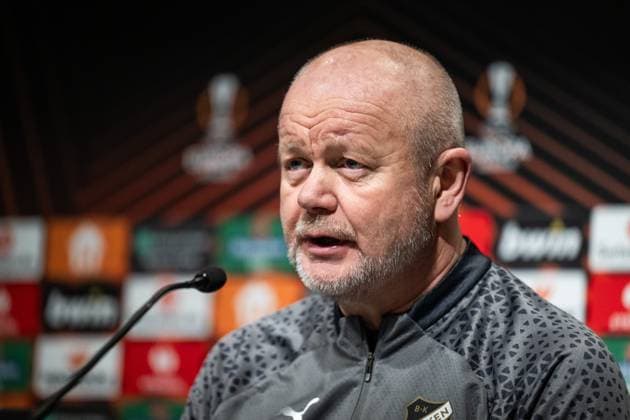 231129 Head coach Per-Mathias Hogmo at a press conference, PK, Pressekonferenz with Häcken on November 29, 2023 in Gothenburg. Photo: Mathias Bergeld BILDBYRAN kod MB MB0784 fotboll football soccer fotball uefa europa league presskonferens press conference training häcken bbeng Copyright: MATHIASxBERGELD BB231129MB014