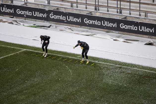 231129 Goalkeeper Sebastian Banozic and goalkeeper Peter Abrahamsson during a training session with Häcken on November 29, 2023 in Gothenburg. Photo: Mathias Bergeld BILDBYRAN kod MB MB0784 fotboll football soccer fotball uefa europa league träning practice training häcken bbeng Copyright: MATHIASxBERGELD BB231129MB021