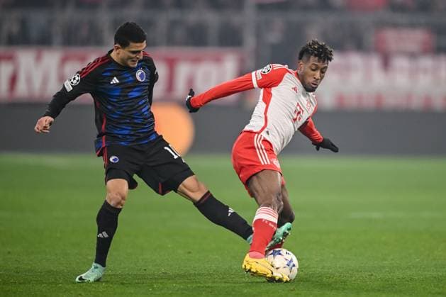 29.11.2023, Munich, Germany, Allianz Arena, Bayern Muenchen vs FC Kopenhagen - UEFA Champions League 2023 2024 - Group A, Mohamed Elyounoussi (F.C. Copenhagen) und Kingsley Coman (FC Bayern Muenchen) im Zweikampf (Foto H. Langer) Munich Allianz Arena Germany
