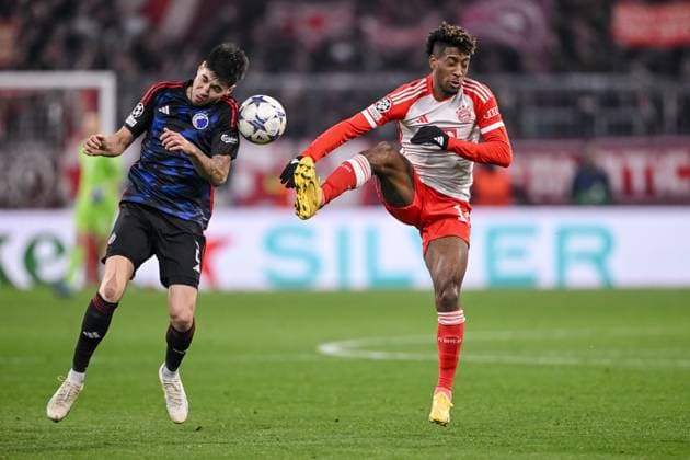 29.11.2023, Munich, Germany, Allianz Arena, Bayern Muenchen vs FC Kopenhagen - UEFA Champions League 2023 2024 - Group A, Kevin Diks (F.C. Copenhagen) und Kingsley Coman (FC Bayern Muenchen) im Zweikampf (Foto H. Langer) Munich Allianz Arena Germany