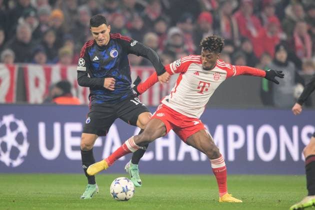 Fußball, UEFA Championsleague, 20231129, FC Bayern München - FC Kopenhagen. Im Bild Mohamed ELYOUNOUSSI (FC Kopenhagen, 10) und Kingsley COMAN (FC Bayern München, 11) Zweikampf Ball. München Allianz Arena Bayern Deutschland Copyright: Passion2Press MarkusxFischerx