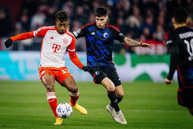 München , UEFA Champions League 2023 24 , FC Bayern München vs. FC Kopenhagen Im Bild: Kingsley Coman (FC Bayern München) gegen Kevin Diks (FC Kopenhagen)