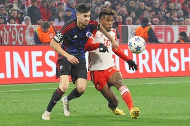 11 Kingsley Coman (FCB) gegen 2 Kevin Diks (Kopenhagen) Zweikampf Fussball UEFA Champions League FC Bayern Muenchen - FC Kopenhagen Allianz Arena 29.11.2023 FOTO: Mladen Lackovic LakoPress