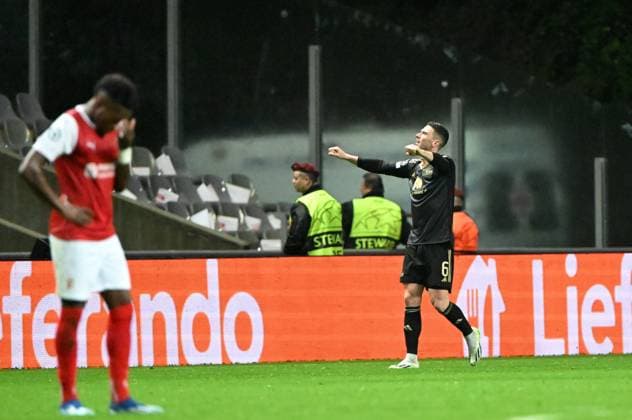 Sport Bilder des Tages Fussball, Herren, Saison 2023 2024, UEFA Champions League (Gruppe C, 5. Spieltag), SC Sporting Braga - 1. FC Union Berlin, Robin Gosens (1. FC Union Berlin), Jubel nach Tor zum 0:1, 29.11. 2023, Copyright: xMatthiasxKochx