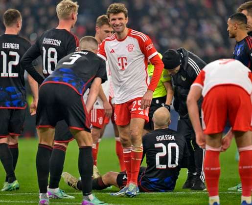 29.11.2023, Fussball UEFA Championsleague 2023 2024: 5.Spieltag Vorrunde, FC Bayern München - FC Kopenhagen, in der Allianz-Arena München. Thomas Müller (FC Bayern München) lacht.
