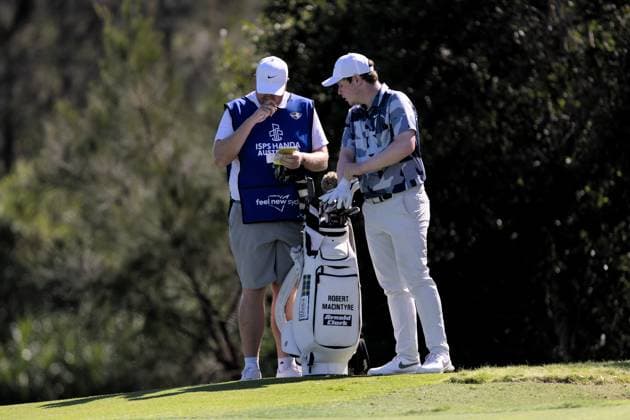 SYDNEY, AUSTRALIA - NOVEMBER 30: Robert MacIntyre chats to his caddie during round 1 of The Australian Open Golf at The Lakes Golf Club on November 30, 2023 in Sydney, Australia. (Photo by Damian Briggs Speed Media Icon Sportswire) GOLF: NOV 30 Australian Open EDITORIAL USE ONLY Icon23113001541