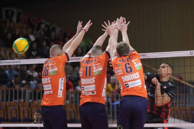 (231130) -- LJUBLJANA, Nov. 30, 2023 -- Stephen Boyer (1st R) of Asseco Resovia Rzeszow competes during the 4th round pool B match of CEV Champions League Volley 2024 between ACH Volley Ljubljana and Asseco Resovia Rzeszow in Ljubljana, Slovenia, Nov. 29, 2023. (Photo by Xinhua) (SP)SLOVENIA-LJUBLJANA-CEV CHAMPIONS LEAGUE VOLLEY 2024 ZeljkoxStevanic 