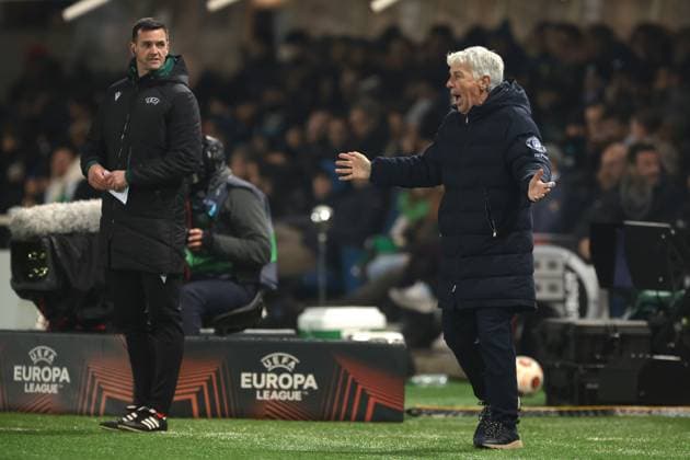 Fußball, EL, Atalanta Bergamo - Sporting Lissabon Bergamo, Italy, 30th November 2023. Gian Piero Gasperini Head coach of Atalanta reacts during the UEFA Europa League match at Gewiss Stadium, Bergamo. Picture credit should read: Jonathan Moscrop Sportimage EDITORIAL USE ONLY. No use with unauthorised audio, video, data, fixture lists, club league logos or live services. Online in-match use limited to 120 images, no video emulation. No use in betting, games or single club league player publications. SPI-2756-0015