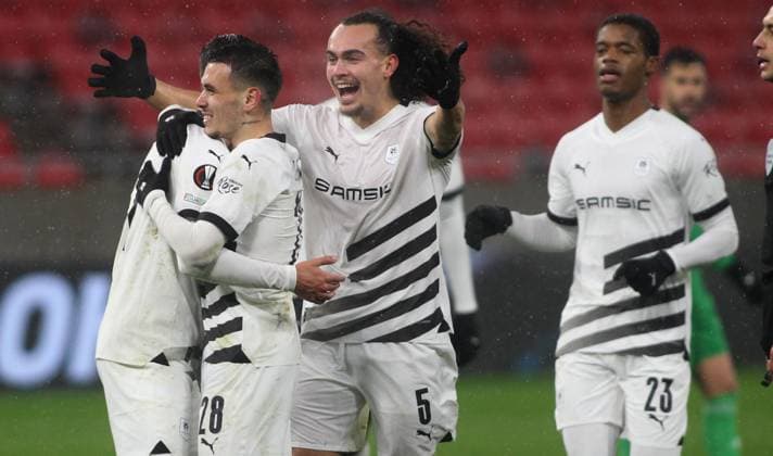 Enzo Lee Fee(C),Arthur Theate(2L) FC Stade Rennais celebration FOOTBALL : Maccabi Haifa Vs Stade Rennais - Ligue Europa - 30 11 2023 AleksandarDjorovic Panoramic 