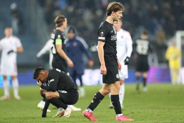 SOCCER - UEFA EL, Sturm vs Czestochowa GRAZ,AUSTRIA,30.NOV.23 - SOCCER - UEFA Europa League, group stage, SK Sturm Graz vs Rakow Czestochowa. Image shows the disappointment of Manprit Sarkaria and William Boeving (Sturm).  GEPAxpictures xChrisxBauer