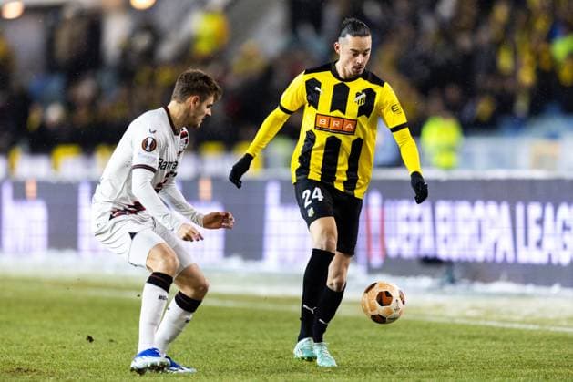 231130 Josip Stanisic of Bayer Leverkusen and Amor Layouni of BK Häcken during the UEFA Europa League football match between BK Häcken and Bayer Leverkusen on November 30, 2023 in Gothenburg. Photo: Michael Erichsen BILDBYRAN COP 89 MI0578 fotboll football soccer fotball uefa europa league bk häcken bayer leverkusen bbeng Copyright: MICHAELxERICHSEN BB231130MI039