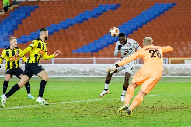 Fußball, EL, BK Häcken - Bayer 04 Leverkusen GÖTEBORG 20231130 Leverkusens Victor Boniface gör 1-0 under torsdagens fotbollsmatch i Europa League (grupp H) mellan BK Häcken och Bayer Leverkusen fran Tyskland pa Gamla Ullevi. GÖTEBORG SVERIGE x9200x