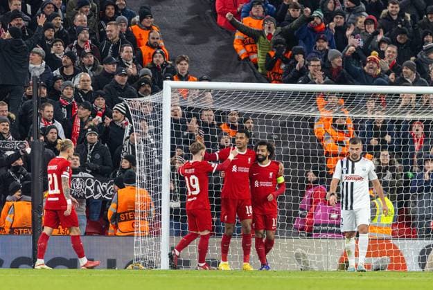 Football - UEFA Europa League - Group E - Liverpool FC v LASK LIVERPOOL, ENGLAND - Thursday, November 30, 2023: Liverpool s Cody Gakpo (C) celebrates with team-mates Harvey Elliott (L) and captain Mohamed Salah (R) after scoring the second goal during the UEFA Europa League Group E matchday 5 game between Liverpool FC and LASK at Anfield. (Photo by David Rawcliffe Propaganda) LIVERPOOL Anfield MERSEYSIDE ENGLAND  Copyright: xDavidxRawcliffex P2023-11-30-Liverpool_LASK-39