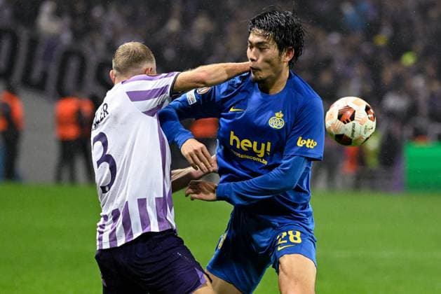 Toulouse s Mikkel Desler and Union s Koki Machida fight for the ball during a soccer game French Toulouse FC and between Belgian Royale Union Saint Gilloise, on day 5 of the group phase of the UEFA Europa League competition, in group E, on Thursday 30 November 2023 in Toulouse, France. LAURIExDIEFFEMBACQ  x81195958x