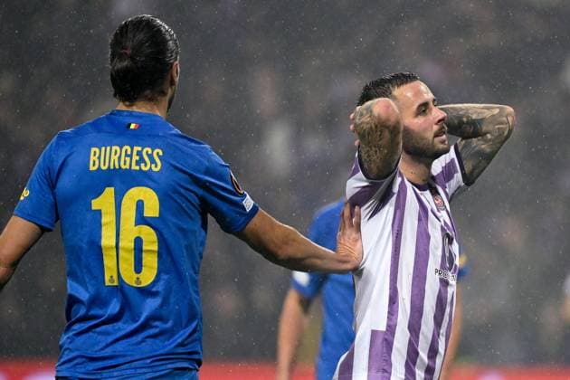 Union s Christian Burgess and Toulouse s Aron Donnum react during a soccer game French Toulouse FC and between Belgian Royale Union Saint Gilloise, on day 5 of the group phase of the UEFA Europa League competition, in group E, on Thursday 30 November 2023 in Toulouse, France. LAURIExDIEFFEMBACQ  x81196022x