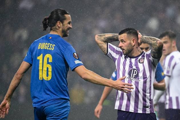 Union s Christian Burgess and Toulouse s Aron Donnum react during a soccer game French Toulouse FC and between Belgian Royale Union Saint Gilloise, on day 5 of the group phase of the UEFA Europa League competition, in group E, on Thursday 30 November 2023 in Toulouse, France. LAURIExDIEFFEMBACQ  x81196027x