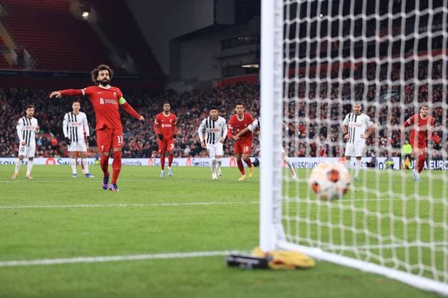 Football - UEFA Europa League - Group E - Liverpool v LASK 30th November 2023 - UEFA Europa League - Group E - Liverpool v LASK - Mohamed Salah of Liverpool scores their 3rd goal with a penalty - Photo: Simon Stacpoole Offside. Liverpool UK Copyright: xSimonxStacpoolexOffside