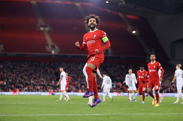 Football - UEFA Europa League - Group E - Liverpool v LASK 30th November 2023 - UEFA Europa League - Group E - Liverpool v LASK - Mohamed Salah of Liverpool celebrates after scoring their 3rd goal - Photo: Simon Stacpoole Offside. Liverpool UK Copyright: xSimonxStacpoolexOffside