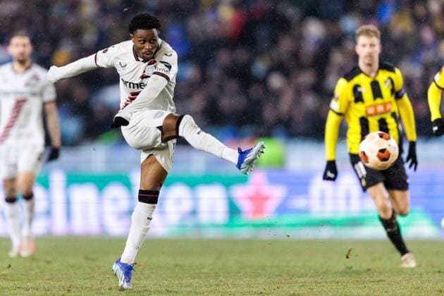 Fußball, EL, BK Häcken - Bayer 04 Leverkusen 231130 Nathan Tella of Bayer Leverkusen during the UEFA Europa League football match between BK Häcken and Bayer Leverkusen on November 30, 2023 in Gothenburg. Photo: Michael Erichsen BILDBYRAN COP 89 MI0578 fotboll football soccer fotball uefa europa league bk häcken bayer leverkusen bbeng Copyright: MICHAELxERICHSEN BB231130MI057