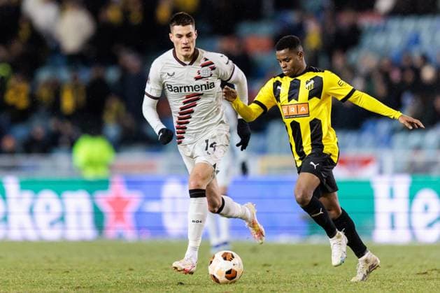 231130 Patrik Schick of Bayer Leverkusen and Abdulrazaq Ishaq of BK Häcken during the UEFA Europa League football match between BK Häcken and Bayer Leverkusen on November 30, 2023 in Gothenburg. Photo: Michael Erichsen BILDBYRAN COP 89 MI0578 fotboll football soccer fotball uefa europa league bk häcken bayer leverkusen bbeng Copyright: MICHAELxERICHSEN BB231130MI068