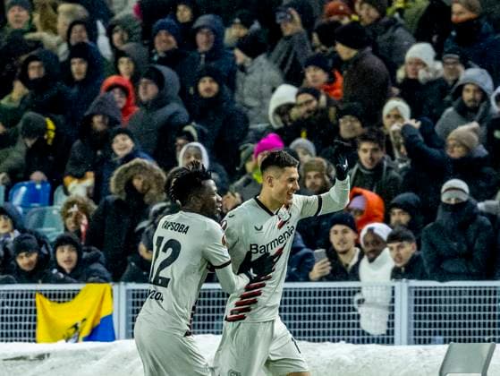 GÖTEBORG 20231130 Leverkusens Patrick Schick jublar efter 2-0 under torsdagens fotbollsmatch i Europa League (grupp H) mellan BK Häcken och Bayer Leverkusen fran Tyskland pa Gamla Ullevi. GÖTEBORG SVERIGE x9200x