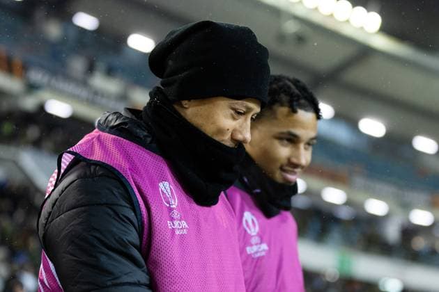 231130 Tobias Sana and Momodou Sonko of BK Häcken during the UEFA Europa League football match between BK Häcken and Bayer Leverkusen on November 30, 2023 in Gothenburg. Photo: Michael Erichsen BILDBYRAN COP 89 MI0578 bayer leverkusen bbeng bk häcken football fotball fotboll soccer uefa europa league Copyright: MICHAELxERICHSEN BB231130MI079