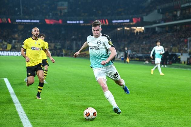 28 Evan Ferguson of Brighton & Hove Albion during the UEFA Europa League, Group B match between AEK FC and Brighton & Hove Albion at Opap Arena on November 30, 2023, in Athens, Greece.  Copyright: xStefanosxKyriazis IPAxSportx xipx xx IPA_41967371 IPA_Agency_IPA41967371