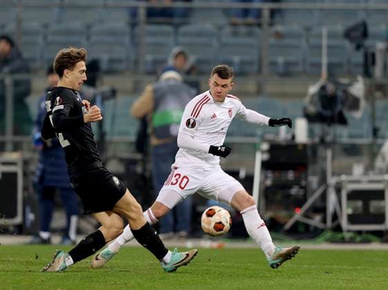 SOCCER - UEFA EL, Sturm vs Czestochowa GRAZ,AUSTRIA,30.NOV.23 - SOCCER - UEFA Europa League, group stage, SK Sturm Graz vs Rakow Czestochowa. Image shows David Affengruber (Sturm) and Vladislav Kochergin (Czestochowa) .  GEPAxpictures xHansxOberlaender