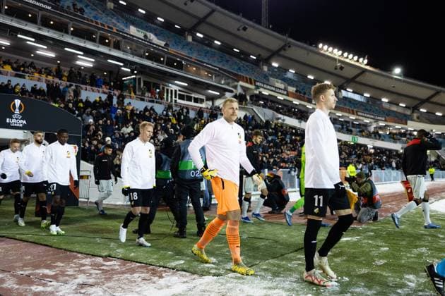 231130 Mikkel Rygaard Jensen, goalkeeper Peter Abrahamsson and Samuel Gustafson of BK Häcken ahead of the UEFA Europa League football match between BK Häcken and Bayer Leverkusen on November 30, 2023 in Gothenburg. Photo: Michael Erichsen BILDBYRAN COP 89 MI0578 bayer leverkusen bbeng bk häcken football fotball fotboll soccer uefa europa league Copyright: MICHAELxERICHSEN BB231130MI098