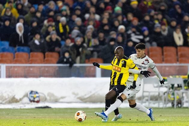 231130 Edward Chilufya of BK Häcken and Gustavo Puerta of Bayer Leverkusen during the UEFA Europa League football match between BK Häcken and Bayer Leverkusen on November 30, 2023 in Gothenburg. Photo: Michael Erichsen BILDBYRAN COP 89 MI0578 bayer leverkusen bbeng bk häcken football fotball fotboll soccer uefa europa league Copyright: MICHAELxERICHSEN BB231130MI109