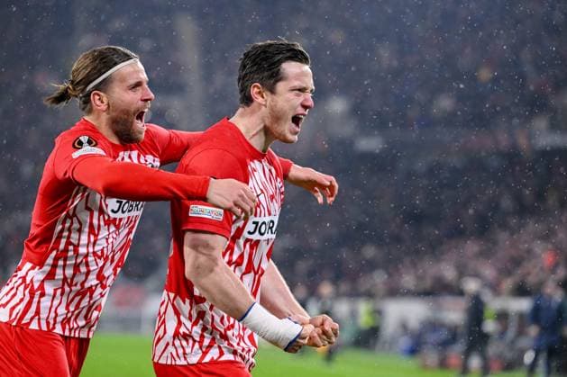 30.11.2023, Freiburg, Germany, Stadion am Wolfswinkel, SC Freiburg vs Olympiakos Piraeus - UEFA Europa League 2023 24 - Group A, Michael Gregoritsch (SC Freiburg) Torjubel, jubelt nach seinem treffer zum 1:0 (Foto H. Langer) Freiburg Stadion am Wolfswinkel Germany