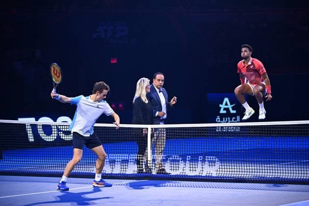 Sport Bilder des Tages NextGen ATP, Tennis Herren Finals - Jeddah Luca Van Assche FRA) and Arthur Fils (FRA) before their semi final match at the Next Gen ATP Finals in Jeddah, Saudi Arabia, on December 1, 2023. Photo by Corinne Dubreuil ABACAPRESS.COM Jeddah Saudi Arabia  Copyright: xDubreuilxCorinne ABACAx