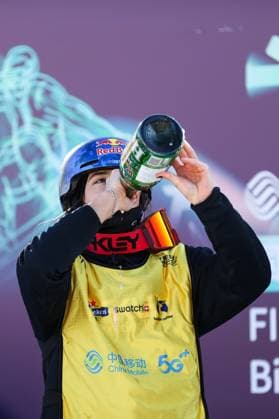 BEIJING, CHINA - DECEMBER 02: First place winner Mathilde Gremaud of Switzerland celebrates on the podium after the Women s Freeski Big Air Final at the Big Air Shougang on December 2, 2023 in Beijing, China.  Copyright: xVCGx 111467425900