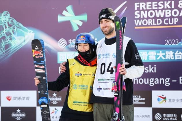 BEIJING, CHINA - DECEMBER 02: First place winner Alexander Hall (R) of United States and Mathilde Gremaud (L) of Switzerland celebrate on the podium after the Men s Freeski Big Air Final at the Big Air Shougang on December 2, 2023 in Beijing, China.  Copyright: xVCGx 111467425944