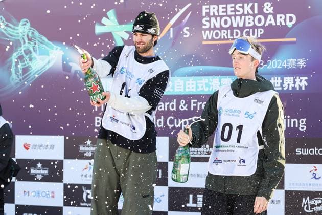 BEIJING, CHINA - DECEMBER 02: (L - R) First place winner Alexander Hall of United States and third place winner Andri Ragettli of Switzerland celebrate on the podium after the Men s Freeski Big Air Final at the Big Air Shougang on December 2, 2023 in Beijing, China.  Copyright: xVCGx 111467425931