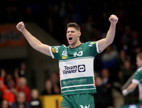 Jubel Sebastian Heymann (Göppingen) . Frisch Auf Göppingen-HBW Balingen Weilstetten . Göppingen, GER, 30.11.2023 , 1. Handball - Bundesliga 2023 2024.