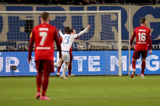 02.12.2023, xgox, Fussball 2.Bundesliga, 1.FC Magdeburg - 1.FC Kaiserslautern emspor, v.l. Luc Castaignos (1.FC Magdeburg) erzielt das Tor zum scores the goal 1:0 (DFL DFB REGULATIONS PROHIBIT ANY USE OF PHOTOGRAPHS as IMAGE SEQUENCES and or QUASI-VIDEO) Magdeburg
