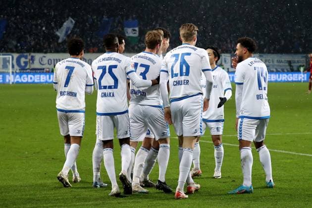02.12.2023, xgox, Fussball 2.Bundesliga, 1.FC Magdeburg - 1.FC Kaiserslautern emspor, v.l. Torjubel nach dem Tor zum celebrating the goal celebrate 3:1 durch Connor Krempicki (1.FC Magdeburg) (DFL DFB REGULATIONS PROHIBIT ANY USE OF PHOTOGRAPHS as IMAGE SEQUENCES and or QUASI-VIDEO) Magdeburg